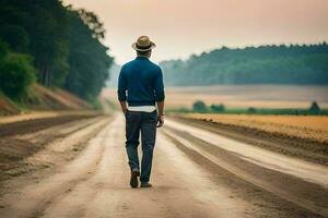 homme en marchant sur une saleté route. généré par ai photo