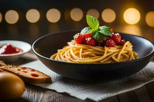 spaghetti avec tomate sauce et pain sur une en bois tableau. généré par ai photo