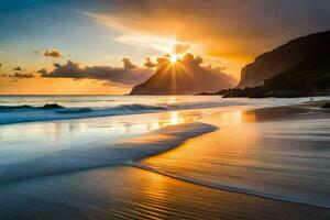 le coucher du soleil sur le plage, plage, eau, montagnes, lever du soleil, le océan, le ciel. généré par ai photo