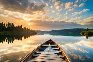 une canoë est flottant sur une calme Lac à le coucher du soleil. généré par ai photo