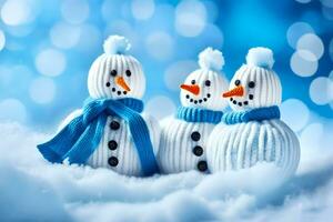 Trois bonhommes de neige dans bleu et blanc tricoté Chapeaux. généré par ai photo