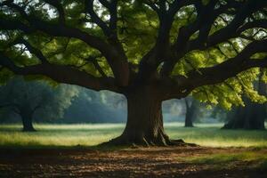 une grand arbre dans le milieu de une champ. généré par ai photo