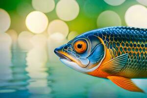 une poisson avec brillant Orange yeux et une bleu corps. généré par ai photo