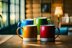 Trois coloré café des tasses séance sur une en bois tableau. généré par ai photo