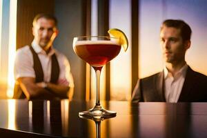 deux Hommes dans costume séance à une bar avec une boire. généré par ai photo