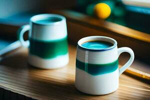 deux café tasses avec vert et bleu dessins sur une tableau. généré par ai photo