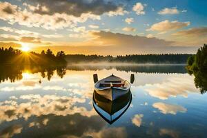 une bateau est assis sur le calme l'eau à le coucher du soleil. généré par ai photo