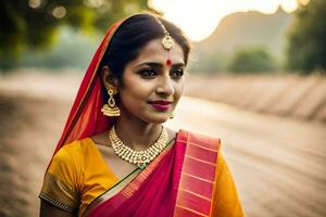 une femme dans une sari pose pour une portrait. généré par ai photo