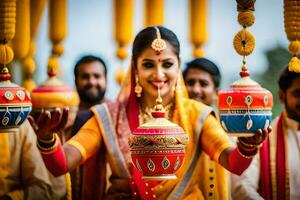 une magnifique Indien la mariée en portant une lanterne. généré par ai photo