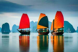 Trois bateaux avec coloré voiles dans le l'eau. généré par ai photo