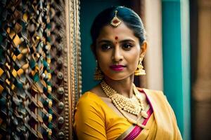 une magnifique Indien femme dans une Jaune sari. généré par ai photo