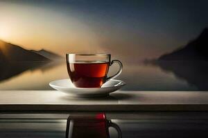 une tasse de thé est assis sur une table avec montagnes dans le Contexte. généré par ai photo