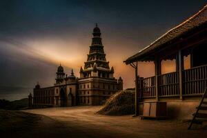 le le coucher du soleil plus de le temple. généré par ai photo