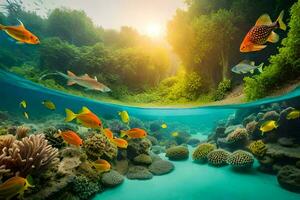 une tropical sous-marin scène avec poisson et corail. généré par ai photo