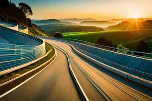 une Autoroute avec une le coucher du soleil dans le Contexte. généré par ai photo