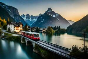 une train en voyageant plus de une pont dans le montagnes. généré par ai photo