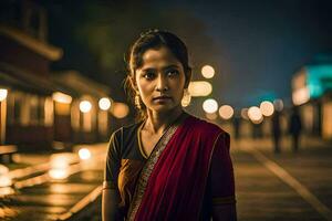 une femme dans une rouge sari des stands sur une train Plate-forme à nuit. généré par ai photo