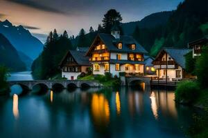 une maison est assis sur le bord de une rivière à nuit. généré par ai photo