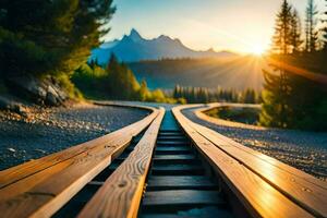 une chemin de fer Piste de premier plan à le Soleil. généré par ai photo