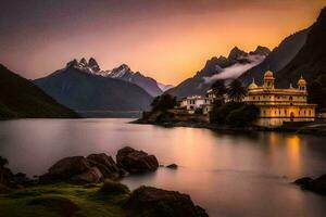 une église est assis sur le rive de une Lac avec montagnes dans le Contexte. généré par ai photo