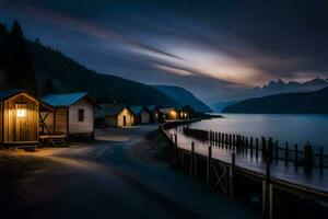 une Lac et une Dock à nuit avec une peu Maisons. généré par ai photo