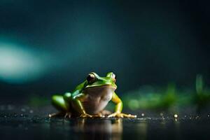 une grenouille séance sur le sol dans de face de une foncé Contexte. généré par ai photo