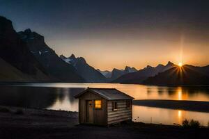 une petit cabine est assis sur le rive de une Lac à le coucher du soleil. généré par ai photo
