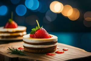 deux petit Gâteaux avec des fraises sur Haut. généré par ai photo