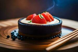 une dessert avec des fraises et Chocolat sur une en bois plaque. généré par ai photo