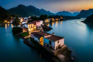 photo fond d'écran le ciel, eau, montagnes, Maisons, le village, le rivière, le village. généré par ai