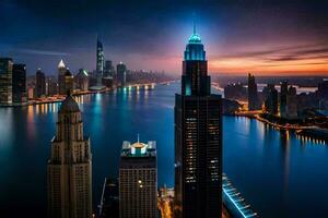 le ville horizon à nuit dans Dubai. généré par ai photo