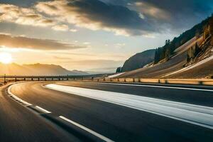 une Autoroute avec une le coucher du soleil dans le Contexte. généré par ai photo