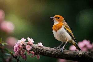 une petit oiseau est séance sur une branche avec rose fleurs. généré par ai photo