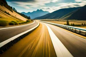 une floue image de une Autoroute avec montagnes dans le Contexte. généré par ai photo