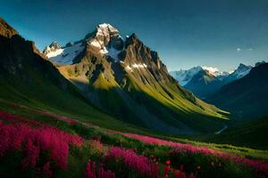 le Soleil brille sur le montagnes et fleurs dans le vallée. généré par ai photo