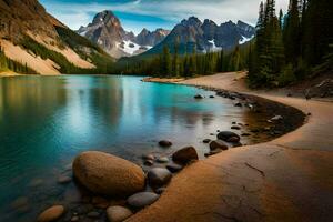 le montagnes sont magnifique et le l'eau est clair. généré par ai photo