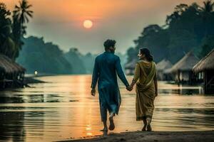 une couple en marchant le long de le rive à le coucher du soleil. généré par ai photo