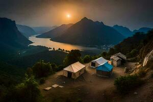 une vue de le montagnes et une Lac à le coucher du soleil. généré par ai photo