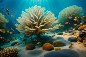 photo fond d'écran mer, corail, poisson, le soleil, le océan, corail, poisson, le. généré par ai