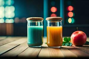 deux verre pots avec jus et un Pomme. généré par ai photo