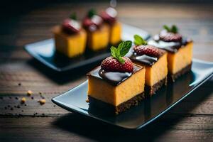 Trois pièces de cheesecake sur une noir plaque. généré par ai photo