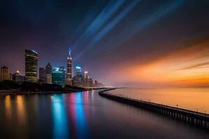 le Chicago horizon à le coucher du soleil. généré par ai photo