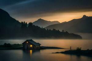 une petit cabine est assis sur le rive de une Lac à le coucher du soleil. généré par ai photo