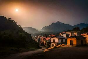 une village dans le montagnes à le coucher du soleil. généré par ai photo