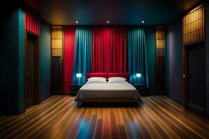 une chambre avec rouge et bleu rideaux et en bois étages. généré par ai photo