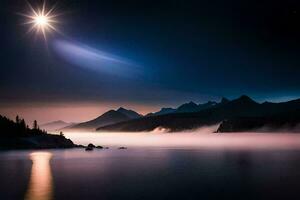 une plein lune brille plus de une Lac et montagnes. généré par ai photo