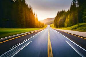 une floue image de une route avec des arbres et Soleil. généré par ai photo