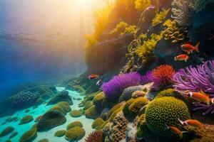 un sous-marin scène avec corail récifs et poisson. généré par ai photo