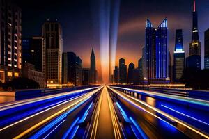 une ville à nuit avec lumières sur le route. généré par ai photo