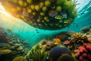 un sous-marin vue de une corail récif avec poisson et autre Marin vie. généré par ai photo